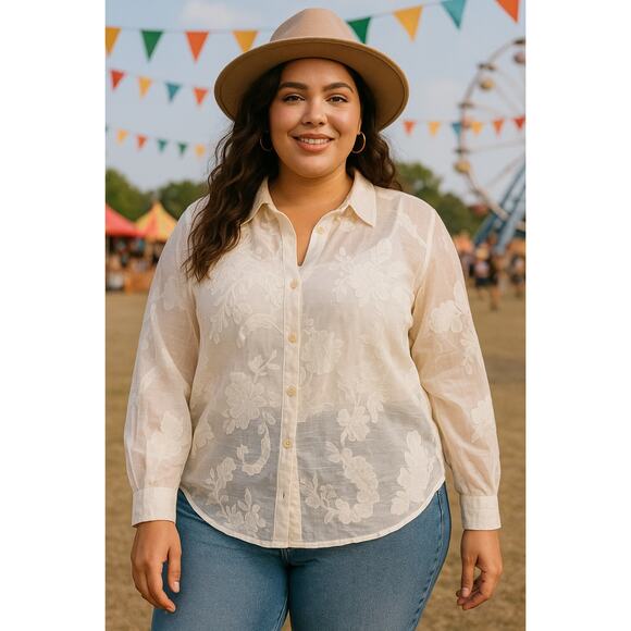 Outfit Woman Sheer Button Down Blouse 1X White Floral Embroidered Festival Linen - Picture 1 of 6